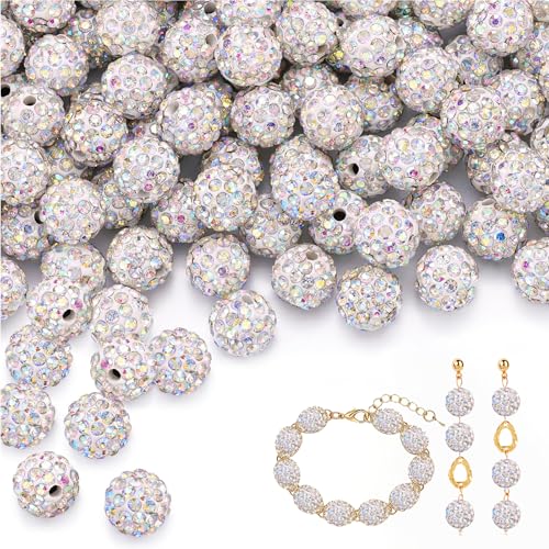 Yixinly 120 Stück 10mm Perlen zum Auffädeln, Strass Perlen zum Auffädeln Clay Beads, Perlen 10mm mit Loch für Herstellung von Halsketten, Armbändern und Ohrringen und DIY-Dekoration (Weiß AB) von Yixinly