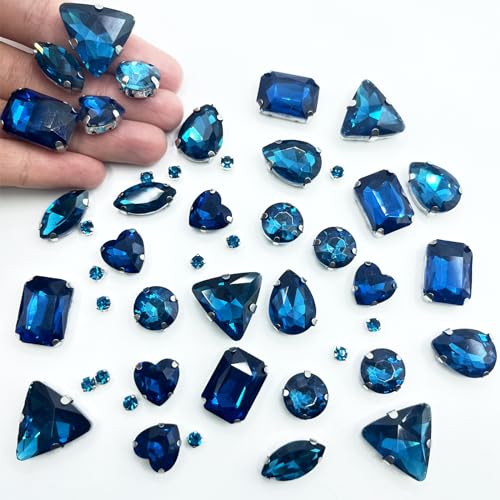 Yixinly 236 Stück Strasssteine zum Aufnähen, 7 Formen von Strasssteinen Edelstahl Krappenfassung Glas Nähen Edelsteine​für DIY-Bastelkleidung, Kleidungs, Schuhe, Taschen (Blau) von Yixinly