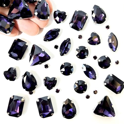 Yixinly 236 Stück Strasssteine zum Aufnähen, Glas-Strasssteine in Gemischten Formen, Metall Krappenfassung Glas Nähen Edelsteine​für DIY-Bastelkleidung, Kleidungs, Schuhe, Taschen (Lila) von Yixinly