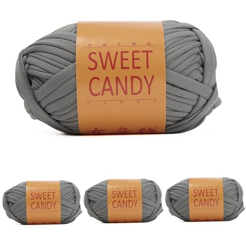 Yixinly 400g T-Shirt-Garn, Tshirt Garn zum Häkeln Schlauchgarn zum Häkeln Ribbon Häkelgarn für Tasche, Korb, Decke, Heimdekoration 4x100g (Grau) von Yixinly