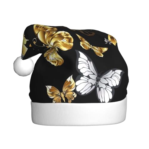 Yiyilong Weihnachtsmütze für Erwachsene, Plüsch, dekorativ, goldfarben, weiße Schmetterlinge, schwarzer Druck, Uni, Weihnachtsmannmütze für Weihnachtszubehör Yiyilong Weihnachtsmütze für Erwachsene, Plüsch, dekorativ, goldfarben, weiße Schmetterlinge, schwarzer Druck, Uni, Weihnachtsmannmütze für Weihnachtszubehör von Yiyilong