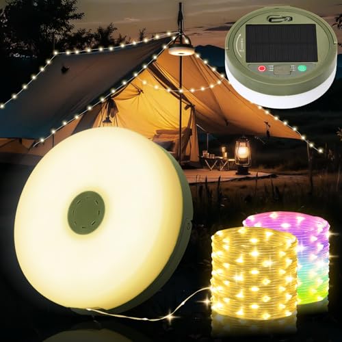 Yizhet 10m Camping Lichterkette Solar – Wiederaufladbare Aufrollbar Outdoor LED Lichterkette mit USB 9 Beleuchtungsmodi, wasserdicht, tragbar, perfekt für Camping und Garten von Yizhet