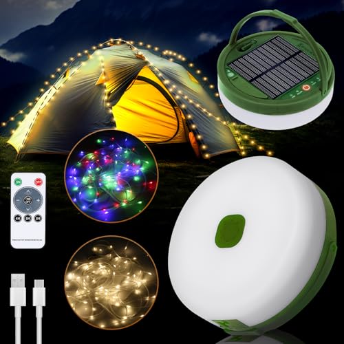 Yizhet 10m Camping Lichterkette Solar – Wiederaufladbare Outdoor LED Lichterkette mit USB, wasserdicht, tragbar, perfekt für Camping und Garten (Farbe & Wärme) von Yizhet