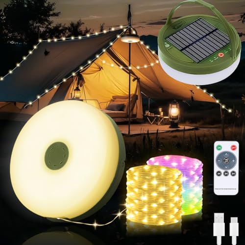 Yizhet 22m Camping Lichterkette Solar – Wiederaufladbare Aufrollbar Outdoor LED Lichterkette mit USB 9 Beleuchtungsmodi, wasserdicht, tragbar, perfekt für Camping und Garten(Warmweiß & Farbig) von Yizhet