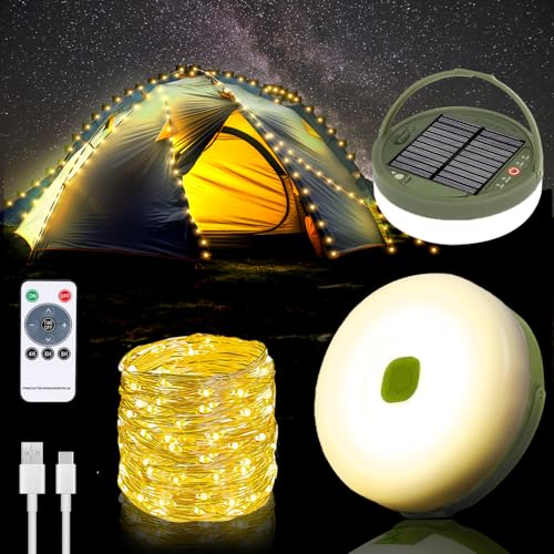 Yizhet 10m Camping Lichterkette Solar – Wiederaufladbare Outdoor LED Lichterkette mit USB, wasserdicht, tragbar, perfekt für Camping und Garten (Warmes Weiß) von Yizhet