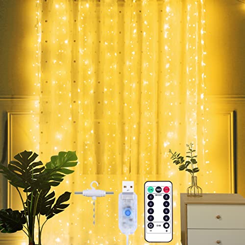 Yizhet Lichtervorhang 2x2 m LED Lichterkette LED Lichterkettenvorhang mit 10 Haken 8 Modi, IP65 Wasserdicht Deko für Innenbeleuchtung, Schlafzimmer, Weihnachten, Valentinstag (200 LEDs, Warmweiß) von Yizhet