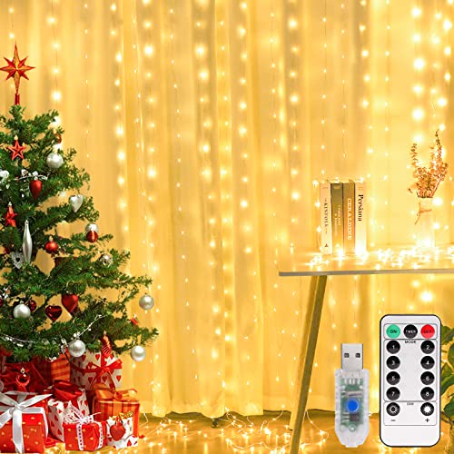 Yizhet 3x3m USB Lichtervorhang für Innenbereich, 300 LEDs, 8 Modi, Timer, Fernbedienung, IP65 Wasserdicht für Weihnachten, Fensterdekoration (Warmweiß) von Yizhet