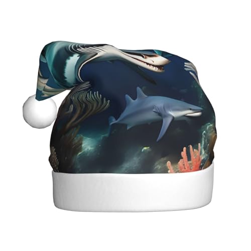 Haie unter dem Meer Weihnachtsmütze für Erwachsene. Festliche Weihnachtsmütze mit Bommel, Unisex-Kappe für Weihnachtsfeiern. von Yizhiyz
