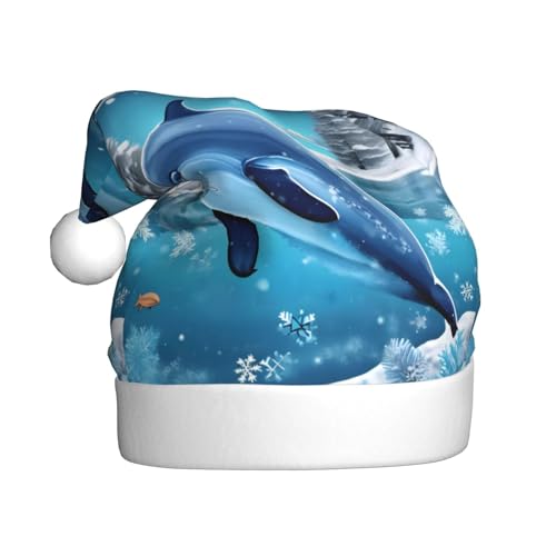 Weihnachtsmütze für Erwachsene mit dem Delfin. Festliche Weihnachtsmütze mit Bommel, Unisex-Kappe für Weihnachtsfeiern. von Yizhiyz