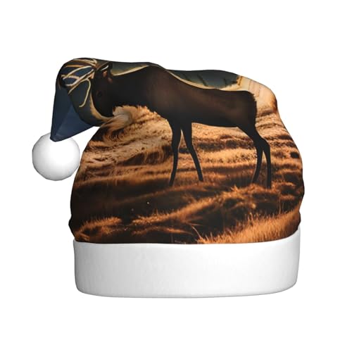 Weihnachtsmütze mit Elch auf der Wiese für Erwachsene. Festliche Weihnachtsmütze mit Bommel, Unisex-Kappe für Weihnachtsfeiern. von Yizhiyz