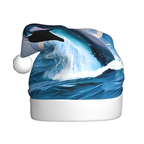 Weihnachtsmütze mit springenden Delfinen für Erwachsene. Festliche Weihnachtsmütze mit Bommel, Unisex-Kappe für Weihnachtsfeiern. von Yizhiyz