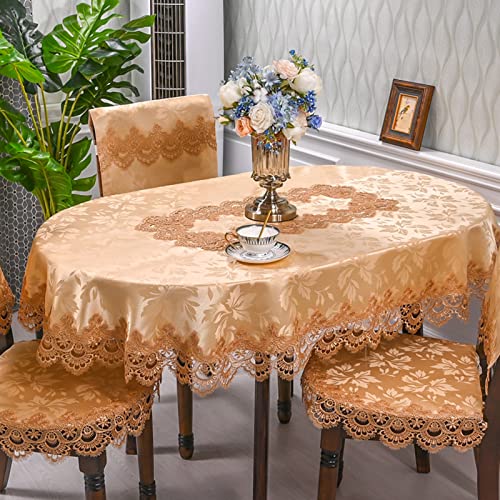 Yizunnu Vintage bestickte Spitzen-Tischdecke, ovale Tischdecke, luxuriöses Cutwork-Deckchen für Zuhause, Küche, Hotel, Party, TV-Schrank (Gold, 140 x 200 cm) von Yizunnu