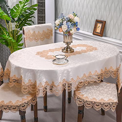 Yizunnu Vintage bestickte Spitzen-Tischdecke, ovale Tischdecke, luxuriöses Cutwork-Deckchen für Zuhause, Küche, Hotel, Party, TV-Schrank (hellgoldfarben, 140 x 200 cm) von Yizunnu