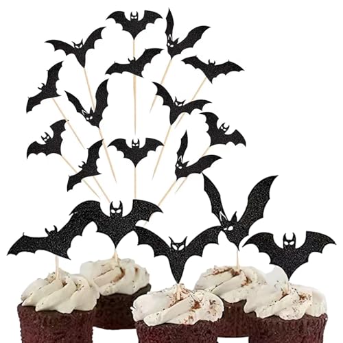 26 Stück Halloween-Fledermaus-Cupcake-Topper, schwarz, glitzernd, Fledermaus-Kuchenflaggen für Halloween, Motto-Party, Babyparty, Geburtstagsparty, Kuchendekoration 26 Stück Halloween-Fledermaus-Cupcake-Topper, schwarz, glitzernd, Fledermaus-Kuchenflaggen für Halloween, Motto-Party, Babyparty, Geburtstagsparty, Kuchendekoration von Ylapagne
