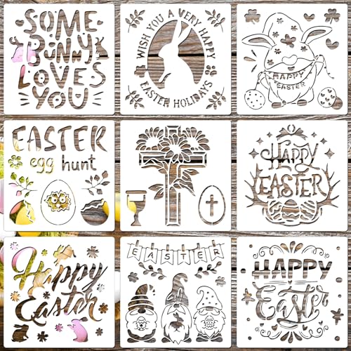 9 Stück Ostermalschablonen, Oster-, Frühlings-, Haseneier, Kreuz-Schablonen für DIY, Ostern, Heimdekoration, wiederverwendbare Oster-Zeichenschablone für Kunst, Sprühen, DIY-Form, Holz, Wandkunst 9 Stück Ostermalschablonen, Oster-, Frühlings-, Haseneier, Kreuz-Schablonen für DIY, Ostern, Heimdekoration, wiederverwendbare Oster-Zeichenschablone für Kunst, Sprühen, DIY-Form, Holz, Wandkunst von Ylapagne