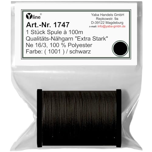 1 Stück Spule a. 100m Qualitäts - Nähgarn, Extra-Stark, Farb-Nr.1001 schwarz, Ne 16/3, 100% Polyester für die Nähmaschine Garn, (0,06 € / m), 1747 1 Stück Spule a. 100m Qualitäts - Nähgarn, Extra-Stark, Farb-Nr.1001 schwarz, Ne 16/3, 100% Polyester für die Nähmaschine Garn, (0,06 € / m), 1747 von Yline