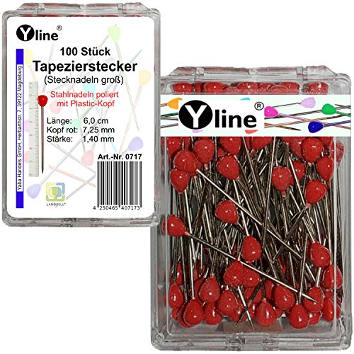 100 Stück Tapezierstecker mit Kunststoffkopf rot ca. 60 mm, Schmuck- Nadeln Stecknadeln groß, 0717-RO von Yline