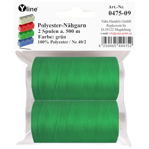 2 Spulen a. 500 m Nähgarn/Syngarn grün, Garn Nähfaden Polyester für die Nähmaschine, (0,06 € / 10 m), 0475-09 von Yline