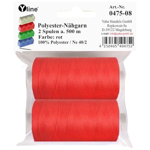 2 Spulen a. 500 m Nähgarn/Syngarn rot, Garn Nähfaden Polyester für die Nähmaschine, (0,06 € /10 m), 0475-08 von Yline