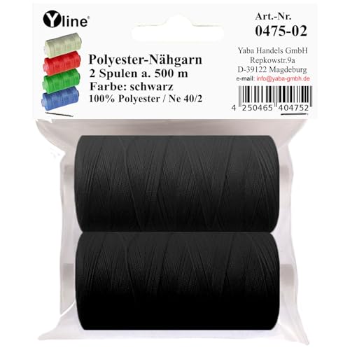 2 Spulen a. 500 m Nähgarn/Syngarn schwarz, Garn Nähfaden Polyester für die Nähmaschine, 0475-02 von Yline