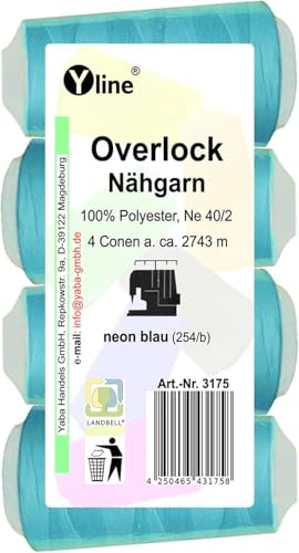 4 Stück Spulen Overlock - Nähgarn, neon blau, a. 2743 m, NE 40/2, 100% Polyester, Nähfaden, Nähmaschinen Garn, (0,01 € / 10 m), 3175 von Yline