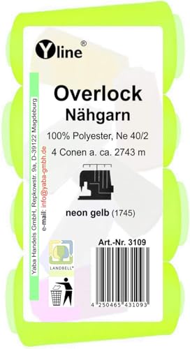 4 Stück Spulen Overlock - Nähgarn, neon gelb, a. 2743 m, NE 40/2, 100% Polyester, Nähfaden, Nähmaschinen Garn, 3109 von Yline