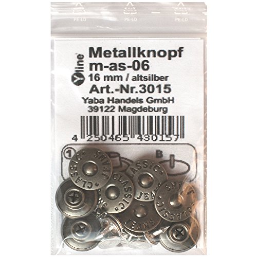 8 Metall Knöpfe altsilber 16 mm, Jeansknöpfe Metallknopf, Jeans Knöpfe, nähfrei, im Polybeutel, m-as-06 8 Metall Knöpfe altsilber 16 mm, Jeansknöpfe Metallknopf, Jeans Knöpfe, nähfrei, im Polybeutel, m-as-06 von Yline