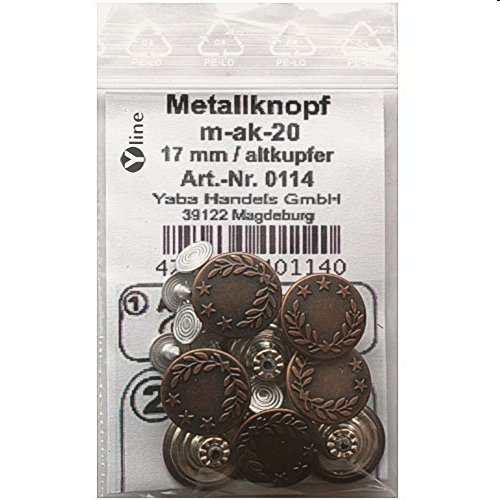 8 St. Metallknöpfe/Jeansknöpfe 17 mm altkupfer nähfrei im Polybeutel, m-ak-20 von Yline