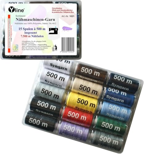 Set Nähgarn Polyester, Syngarn Nähmaschinen - Garn, bunt - sortiert 15 Spulen a. 500m, 1021 von Yline