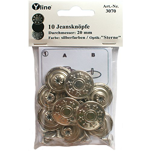 Yline 10 Jeans Knöpfe silberfarben 20 mm, Jeansknöpfe Metallknopf, Metall Knöpfe, nähfrei, im SB Pack, 3070 von Yline