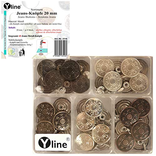 Yline Sort. 40 Jeans - Metall - Knöpfe, 20 mm, schwarz, silberfarben (matt), altkupfer-, Altsilber- & silberfarben, nähfrei Jeansknöpfe, 3116 von Yline