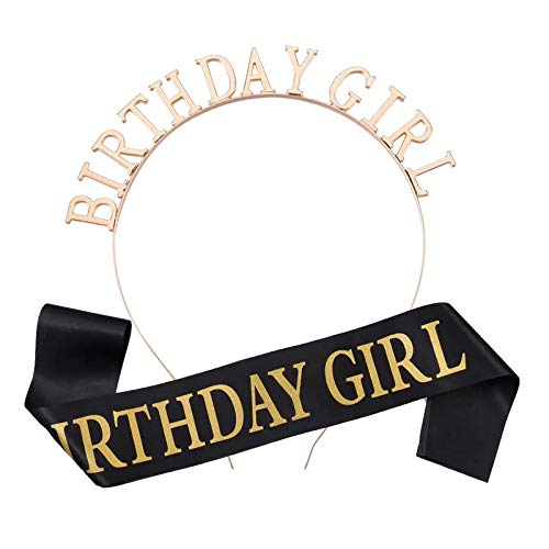Ylinwtech Geburtstagskrone und Schärpe, Birthday Girl Tiara Krone Geburtstag, Mädchen Glitter Brief Geburtstag Stirnband Mädchen Satin Schärpe Crown Sash, für Party Dekorationen, Gold, Schwarz von Ylinwtech