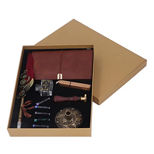 Ylwxzenith Vintage Quill Stift und Tinten -Set, Stift mit Wachsstempelkit, ideal für Kalligraphie und Geben, PU- und Messingmaterial, zum Schreiben, häufig zum Dekorieren verwendet (Wine Red) von Ylwxzenith