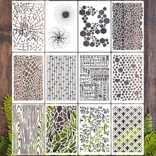 12 Stück Schichtung Scablonen,Ymapinc Texture Scablonen Malen 20x13cm Wiederverwendbare Stencil Schablonen Zum Malen für DIY Möbel Scrapbooking Holz Boden von Ymapinc