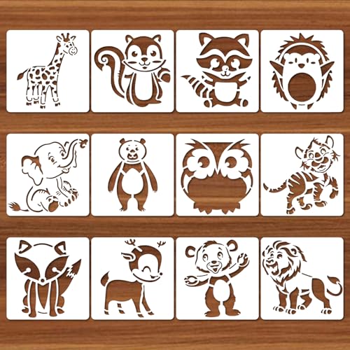 12 Stück Tier Schablonen Kinder,Ymapinc Cute Malerei Schablonen Textilgestaltung 13x13cm Abwaschbare Kunststoff Malschablonen für DIY Kleidung Rucksäcke Wanddekorationen Kindermalerei(12 Tiere) von Ymapinc