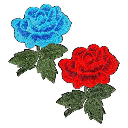 Ymapinc 2 x Blumenaufnäher zum Aufbügeln, rote und blaue Rose, coole Stickapplikationen zum Nähen von Kleidung, Hüten, Taschen, Jeans, Hosen, Jacken, Dekorationen von Ymapinc