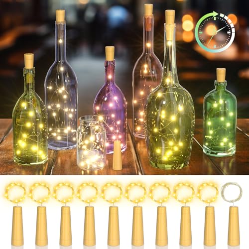 Ymenow Flaschenlicht mit Timer, 10 Stück Flaschenlichterkette Korken 2M 20 LED Kupferdraht Lichterkette Innen Außen für DIY Flaschen Weihnachtsbaum Zimmer Schlafzimmer Bilder Blumen Deko, Warmweiß von Ymenow