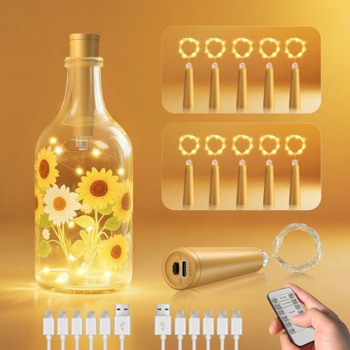 Ymenow USB Flaschenlicht mit Fernbedienung, 10 Stück Flaschenlichterkette Korken mit Timer, LED Innen Wasserdicht Lichterkette für DIY Flaschen Weihnacht Halloween Party Deko (Flasche nicht enthalten) von Ymenow
