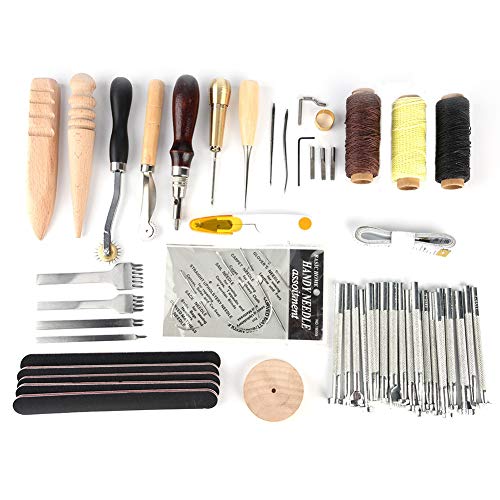 Ymiko 59 Stück Lederwerkzeuge Lederset, Lederhandwerkzeug, Lederbearbeitungsstempel-Werkzeugset, Lederhandwerk-Nähwerkzeug Handstich-Nähstift-Stanzwerkzeug von Ymiko