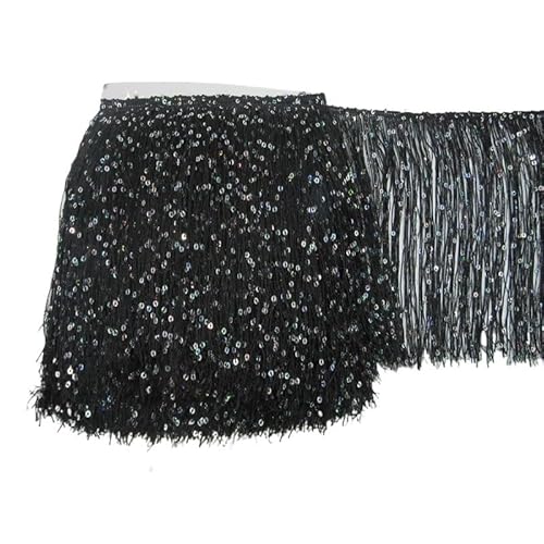 Ymnilian Fransenborte,Fransen 1 Yard 20 cm Lange Polyester Pailletten Quaste Fransen Spitzenbesatz Band Nähen lateinamerikanische Kleid Bühne Kleidungsstück Vorhang Zubehör(Black) von Ymnilian