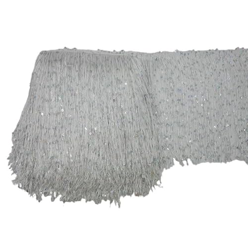 Ymnilian Fransenborte,Fransen 1 Yard 20 cm Lange Polyester Pailletten Quaste Fransen Spitzenbesatz Band Nähen lateinamerikanische Kleid Bühne Kleidungsstück Vorhang Zubehör(White) von Ymnilian