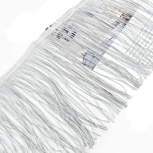 Ymnilian Fransenborte,Fransen 2/5 Meter 20cm Lange Quaste Fransenbesatz Spitzenband Latein Tanz Kleid Kleidung Vorhang Fransen Stoff Nähen Besätze Zubehör(Silver,2Meters) von Ymnilian