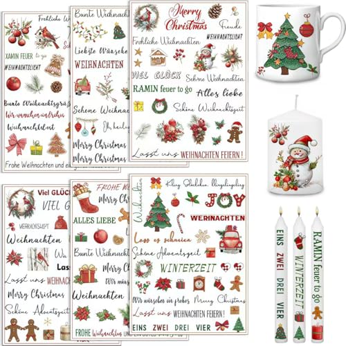 Ymoryiyi 6 PCS Kerzentattoos Weihnachten (200+ Muster) Rub on Sticker Keraflott Kerzentattoos Advent Kerzenfolie Kerzen Aufkleber Weihnachten für Kerzen Keramik Becher Geburtstag von Ymoryiyi