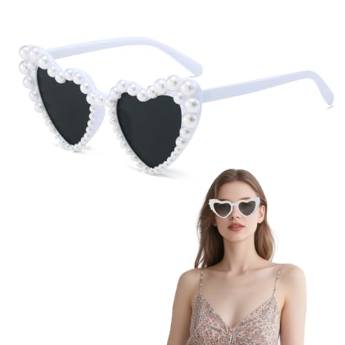 Herz Sonnenbrille mit Perlen - Elegante Retro Herzbrille PC Weiß Schwarz Sonnenbrillen Damen Fraun Perlenverzierte Partybrille Hochzeiten JGA Geburtstage Lustiges Accessoire Selfie Foto Requisiten von Ymxil