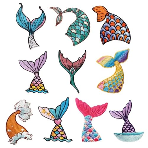 Ymxygz Aufnäher Zum Aufbügeln, Aufkleber, 10 Stück, Bunte Meerjungfrauenschwanz-Stickerei-Aufkleber, Cartoon-meereslebewesen-Patch-Aufkleber, Selbstklebende Stoffaufkleber von Ymxygz
