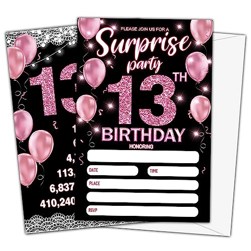 Party-Einladungen zum 13. Geburtstag, 13. Geburtstag, Einladungskarten für Frauen, Erwachsene, zum Ausfüllen der leeren Geburtstagsparty-Einladungen, 20 Einladungskarten mit 20 Umschlägen -e02 von Ymyfdyj