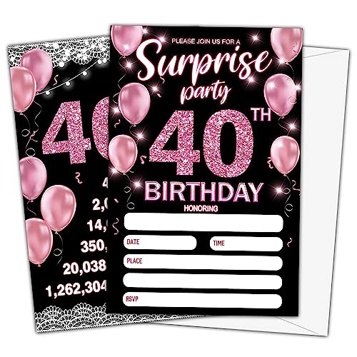 Party-Einladungen zum 40. Geburtstag, 40. Geburtstag, Einladungskarten für Frauen, Erwachsene, zum Ausfüllen der leeren Geburtstagsparty-Einladungen, 20 Einladungskarten mit 20 Umschlägen -e07 von Ymyfdyj
