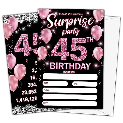 Party-Einladungen zum 45. Geburtstag, 45. Geburtstag, Roségold, zum Ausfüllen der leeren Geburtstagsparty-Einladungen, 20 Einladungskarten mit 20 Umschlägen -e08 von Ymyfdyj
