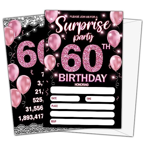 Party-Einladungen zum 60. Geburtstag, 60. Geburtstag, Roségold, Überraschungs-Einladungskarten für Frauen, Erwachsene, 20 Einladungskarten mit 20 Umschlägen, e1 von Ymyfdyj