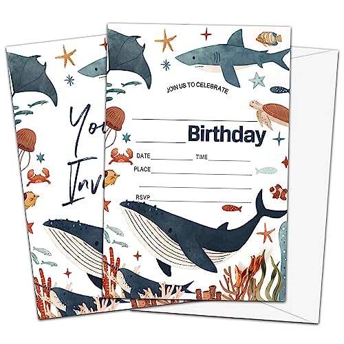 Ymyfdyj Unter dem Meer Geburtstagseinladungen für Kinder, Meerestiere, Geburtstagsparty-Einladungskarten, Ozean-Partyzubehör, Dekoration, 20 Einladungskarten zum Ausfüllen mit Umschlägen (G17) von Ymyfdyj